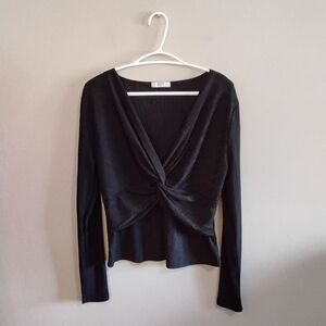 Suzy Shier Black Ribbed Twist-Knot Deep V-Neck Long Sleeve Top – Size XL EUC